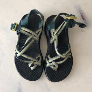 Green and yellow double strap chacos